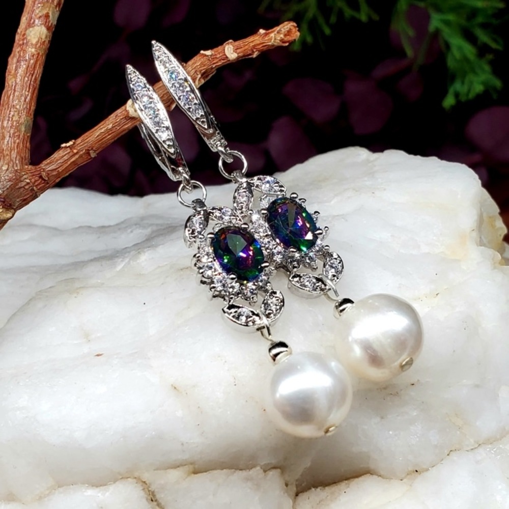 Genuine Freshwater Pearl, Rainbow Mystic Topaz & White Topaz Earrings